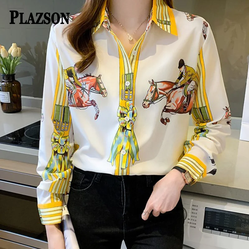 

Стильная повседневная женская рубашка PLAZSON, элегантные атласные желтые блузки, весенние офисные Дамские топы с длинным рукавом и отложным воротником