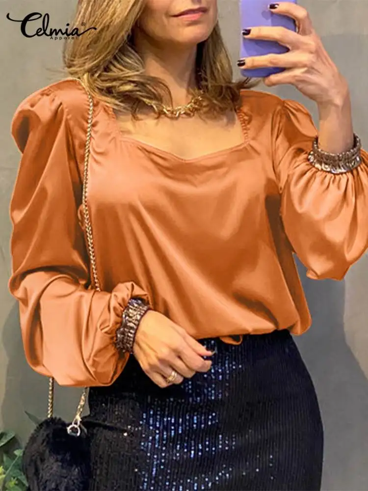 

Fashion Long Puff Sleeve Blouse Celmia Women Satin Silk Shirts 2022 Casual Heart Shape Collar Blusas Elegant Solid Chemise
