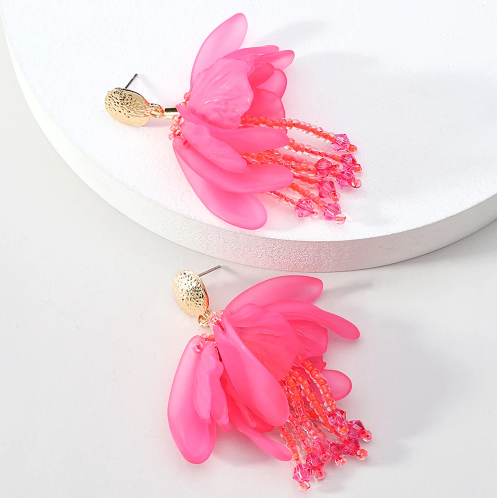 

Elegant Romantic Acrylic Flower Petal Charm Beaded Tassel Big Dangle Earrings For Women Trendy Luxury Pendientes Party Jewelry