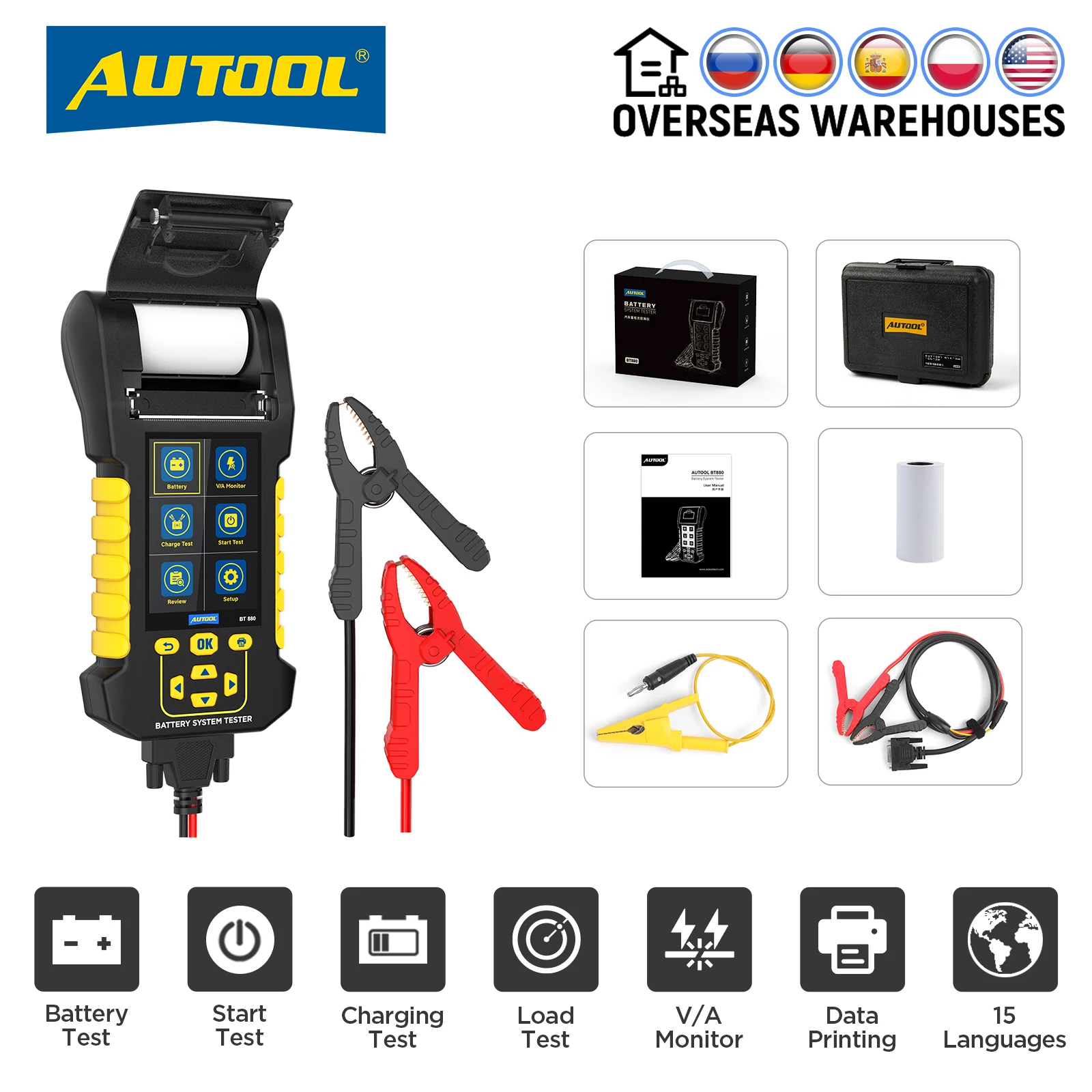 AUTOOL BT880 Car Battery Tester Charge Test V/A Monitor 2000CCA Leakage Current Recording Voltage Recording Playback Waveform