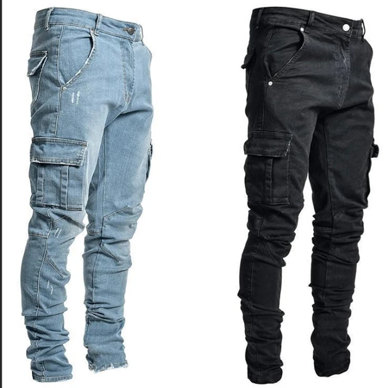 

Jeans men's trousers washed solid color multi pocket Denim mid waist goods jeans plus size Fahejie casual pants men's daily clot