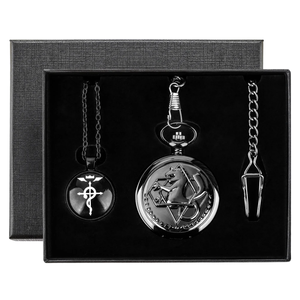 3PCS Necklace Pocket Watch Retro Tone Fullmetal Gifts Sets for Men Anime Cosplay Pendant Black Quartz Clock Reloj De Bolsillo