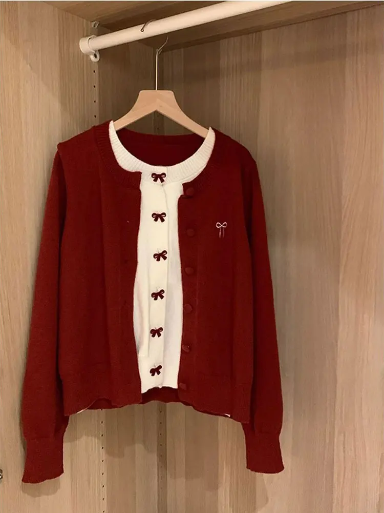 Корейская серия с бантом красный искусственный кардиган из двух предметов