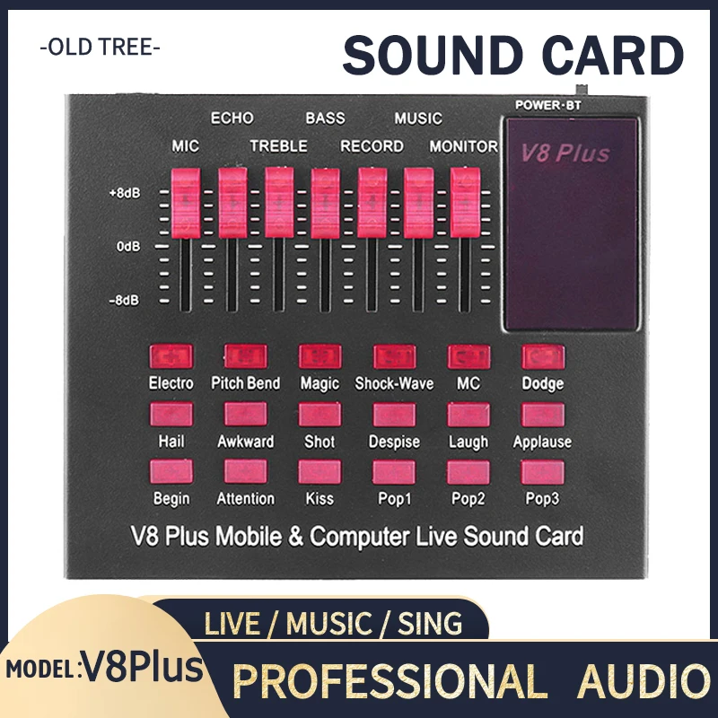 V8PLUS Bluetooth Звуковая карта с эффектом смешивания звука, веб-трансляция, живая запись пения KTV, музыкальная трансляция для микрофона, телефона, компьютера