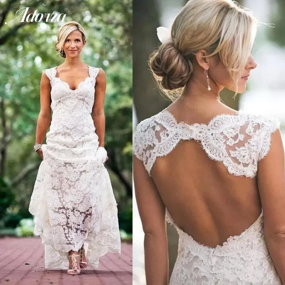 Boho 2023 Full Lace Wedding Dresses Country Style V-neck Cap Sleeves Backless A Line Vintage Custom Made Bridal Gowns Vintage