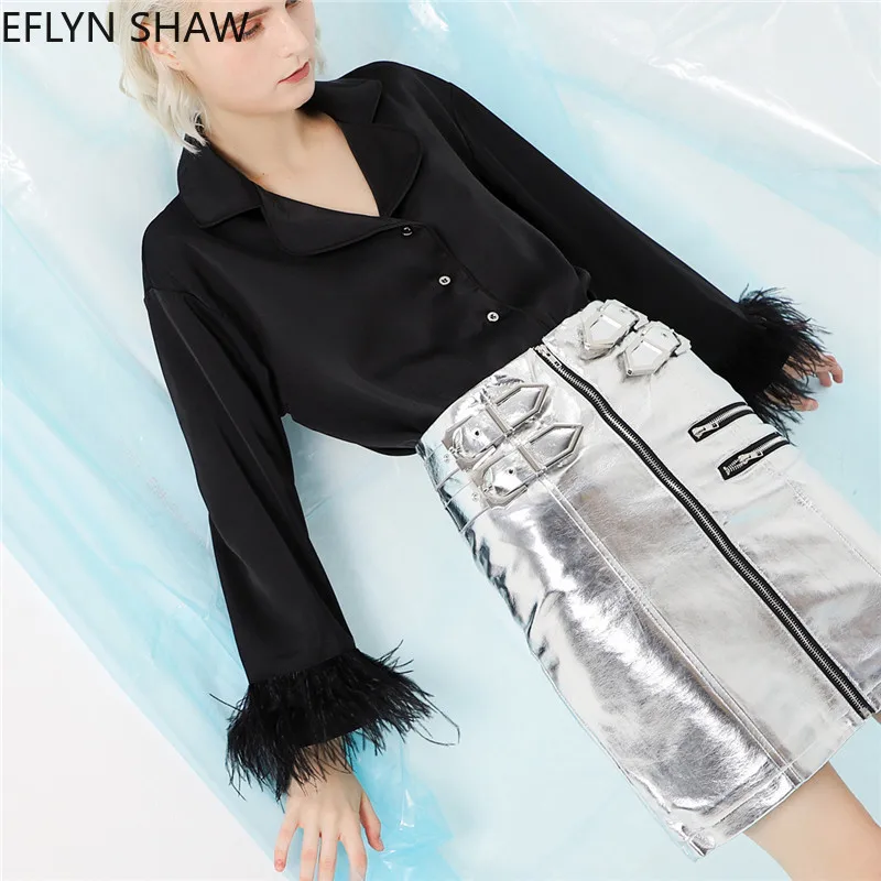 

Fashion Black Blouse Women Summer Satin Runway Style Chic Shirts Ostrich Hair Loose Casual Blusas Long Sleeves Elegant Tops