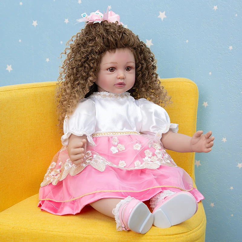 

60CM Reborn Curly Hair Lifelike Soft Touch Popular Cute Finished with Rooted Blonde Hair High Quality Handmade Collectible Doll