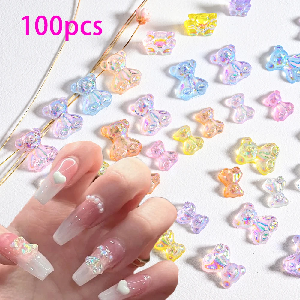 

100Pcs/set Aurora Bear Nails Art Decorations Accessories for Pink Glitter Bear Kawaii Nail Supplies Professionals Manicure Parts