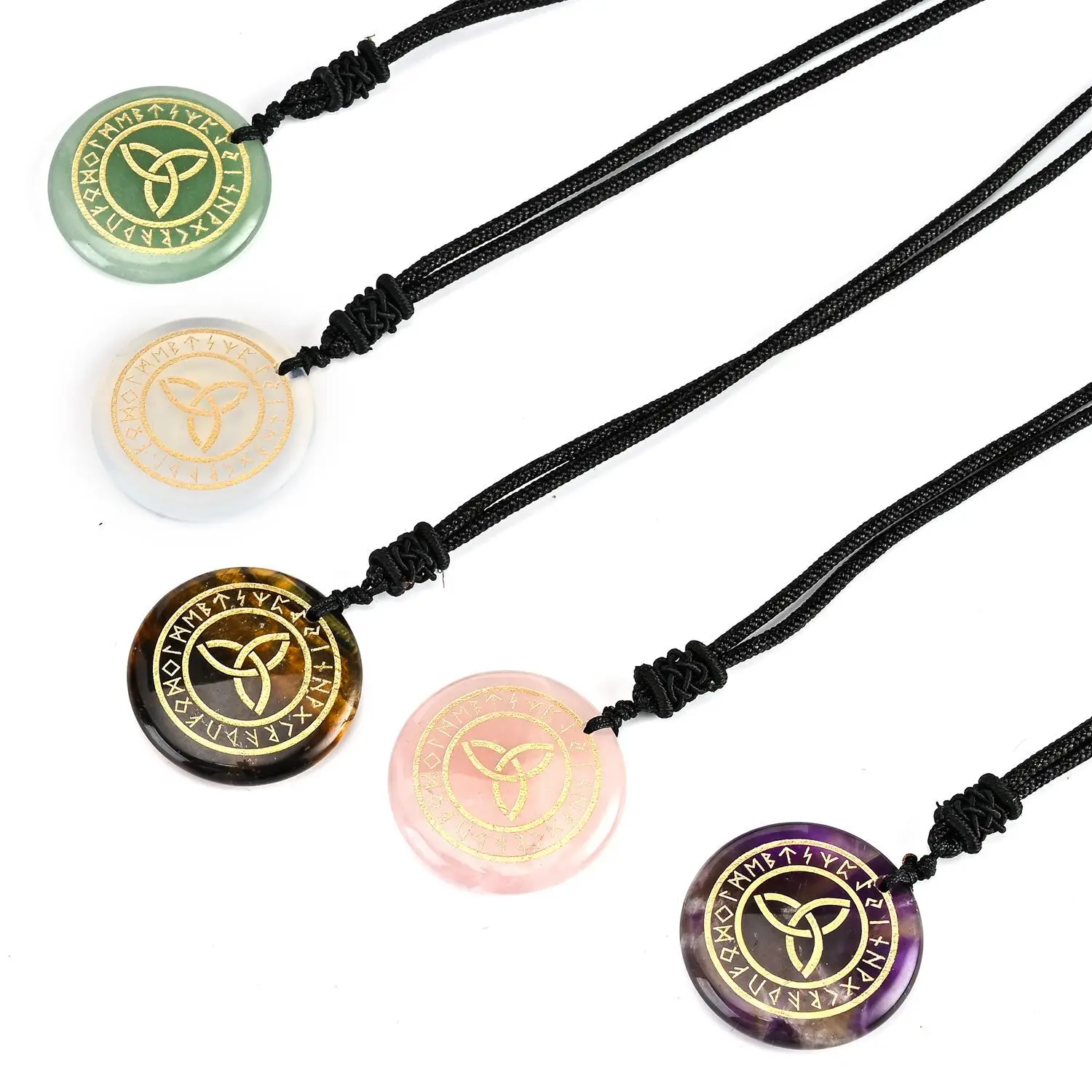 

Natural Stone Engraved Triqueta Knot Necklace Healing Crystal Reiki Runes Pendant Viking Irish Lucky Amulet Charms for Women
