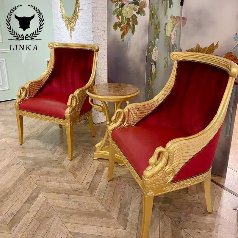 

Custom solid wood carved red festive new year's first layer cowhide Swan carved master leisure chair sofa chair