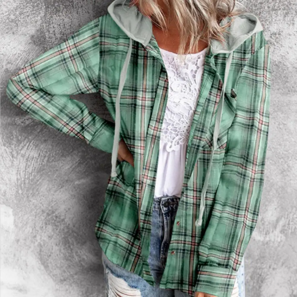 

Cardigan Shirt Long Sleeve Shirt Coat Women Autumn Hooded Plaid Shirt Coat