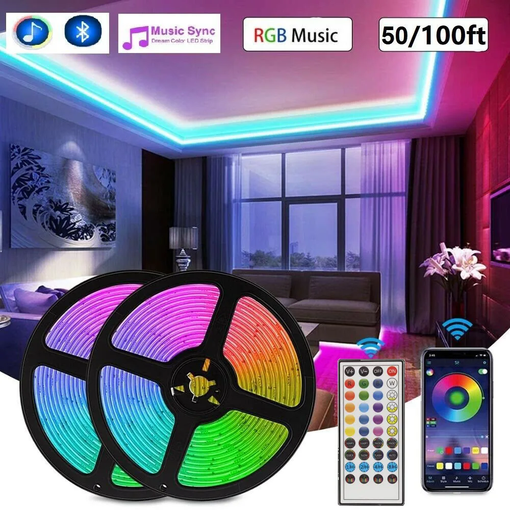 100ft 50ft LED Strip Lights 5050 RGB Bluetooth Color Change Remote for Room Bar Flexible Neon Tape Diode DC 12V Adapter Luminous