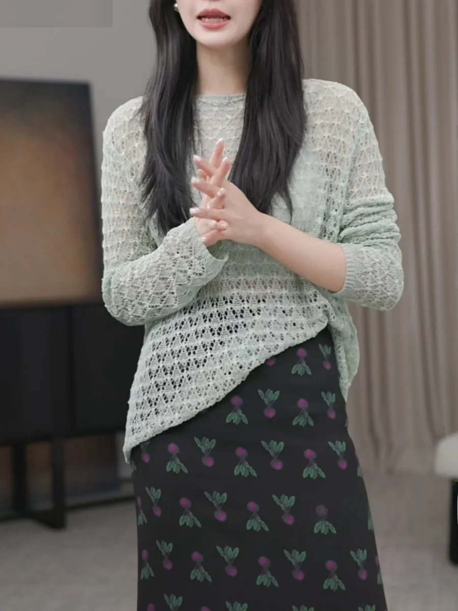 Женская зеленая вязаная рубашка 2024 летняя повседневная модная элегантная с