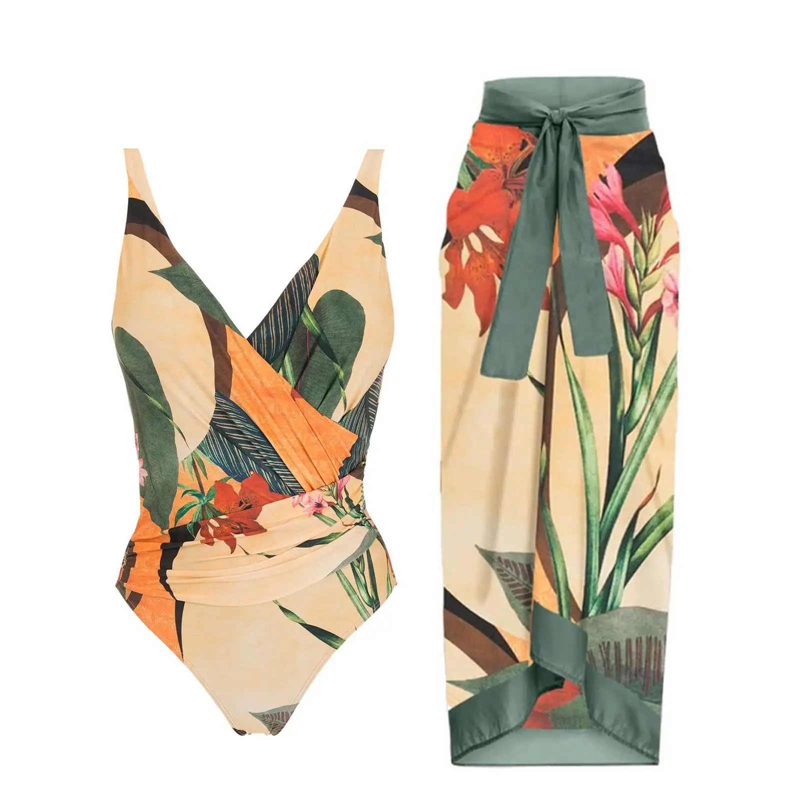 

New Print One Piece Swimwear 2023 Women Elegant High Waist Beach Skirt Sexy V-neck Suspender Backless Beachwear Bikini XJY107