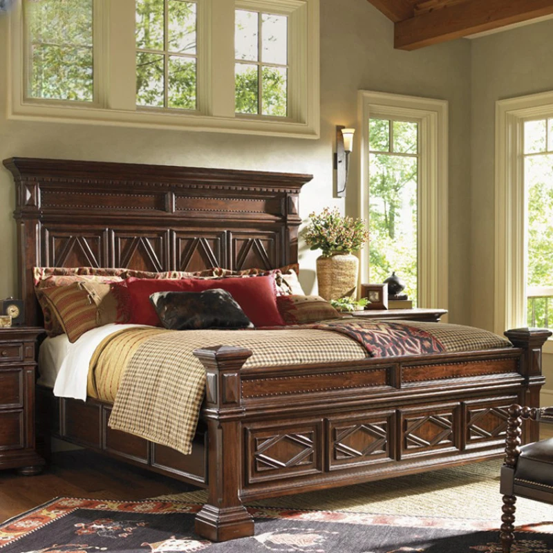 

country solid wood bed, double bed, vintage old villa, big bed, 1.8m bedroom, wedding bed, custom furniture