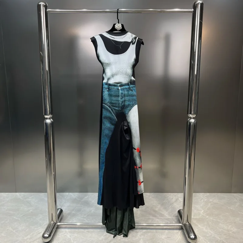 

BORVEMAYS Personality Tie Dye Dress Women 2023 Summer New O Neck Sleeveless High Waist Pleated Loose Dresses WZ3617