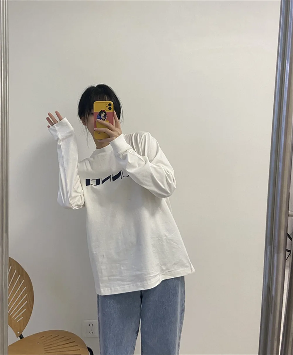 

Women Letter Print Long-Sleeved T-Shirt New Slim 2022 Early Spring Ladies Skin-Friendly White Bottoming Inner Tee Top