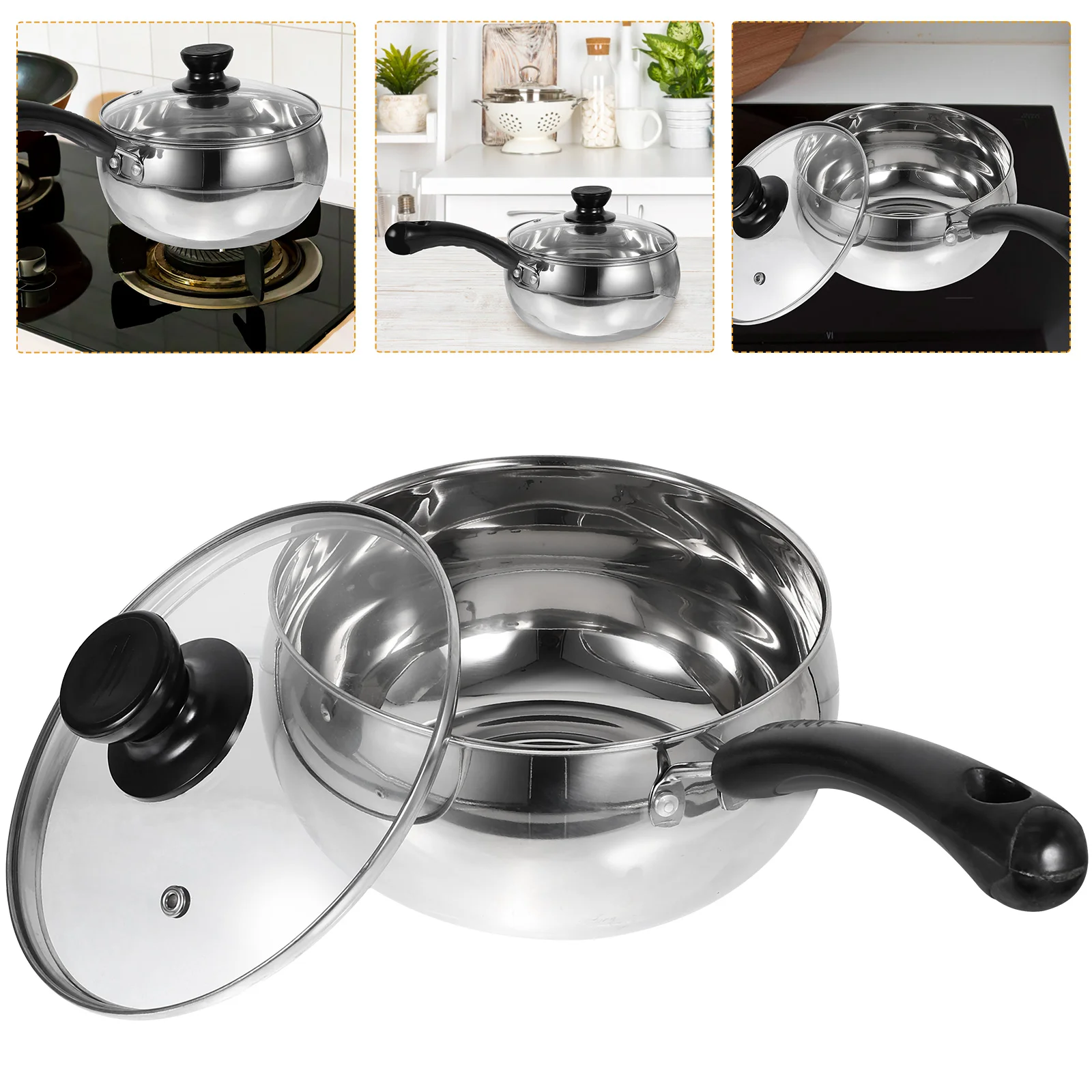 

Stainless Steel Saucepan with Lid Handle Design Soup Pot Milk Pot Chocolate Melting Pot