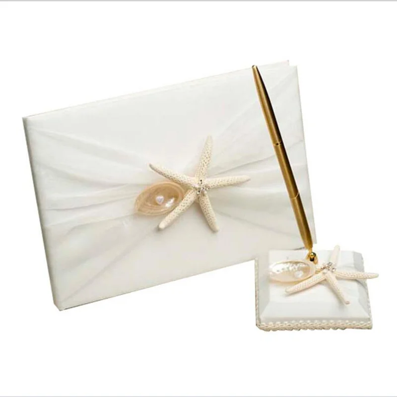 

(Pen 2pcs/set holder+Guest Book) Elegant White Satin with Starfish Decor Handmade Wedding Celebration Supplies