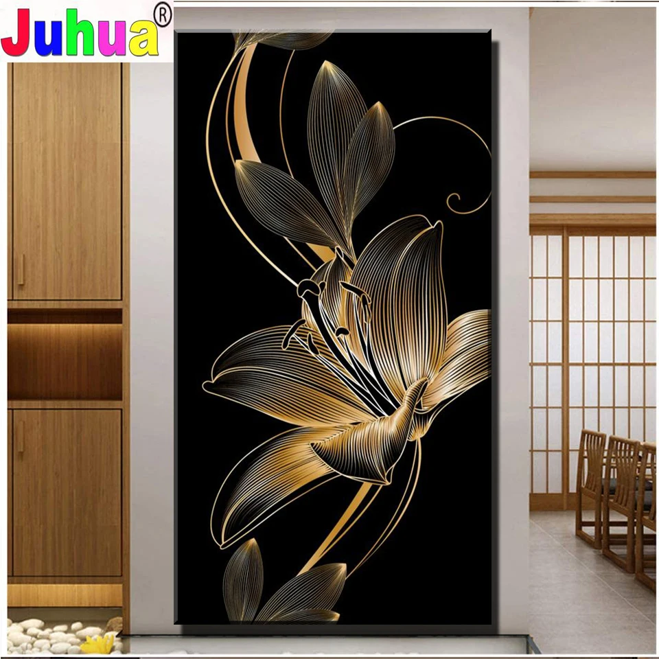 Large Gold and Black Lily 5D full drill DIY Diamond Embroidery Mosaic Kit Flowers Picture Crystal Diamond Painting Home Decor