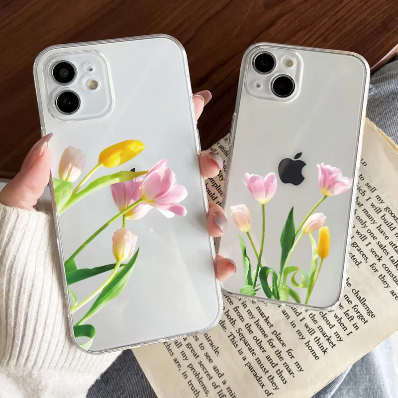 

Tulip Flowers Transparent Phone Case For iPhone 11 12 13 14 Mini Pro Max XS X XR 7 8 Plus SE2 Soft Impact Resistant Casing Cover