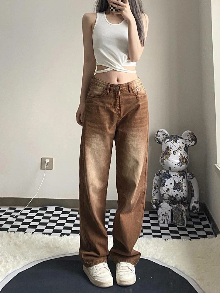 

Women Gradient Brown Straight Jeans Korean High Waist Chic Female Denim Trousers Vintage Baggy Casual Fashion Streetwear Pants