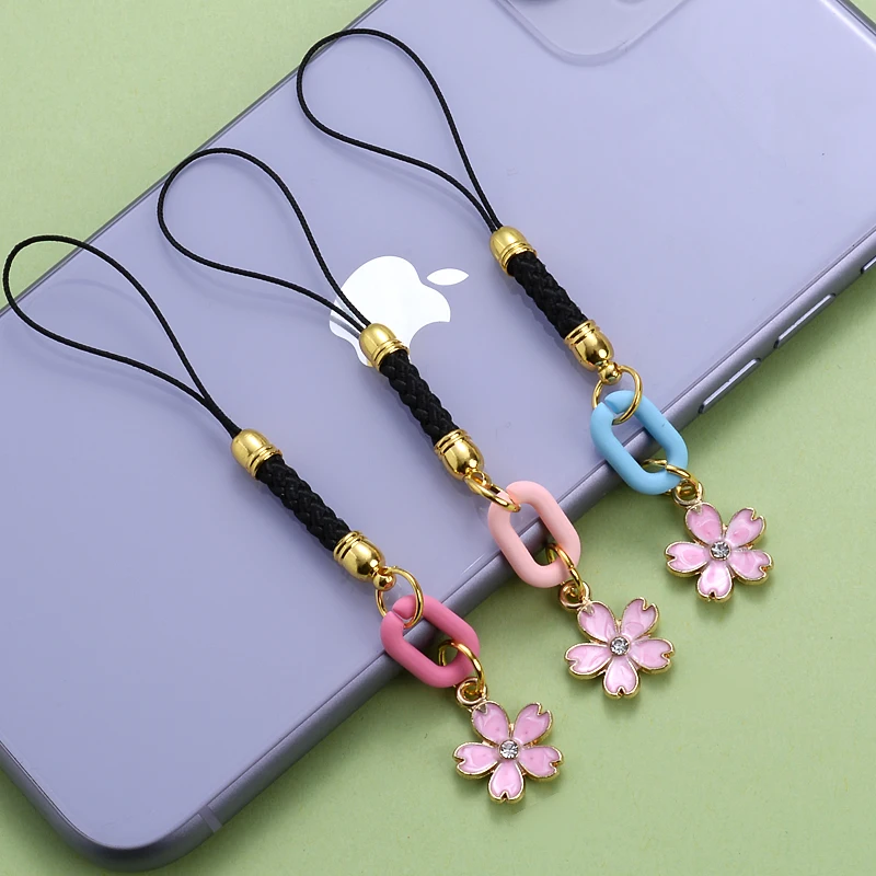 1Pcs Metal Mobile Phone Pendant Pink Flower Petals Ladie Gift Diagonal Phone Lanyard Anti-Lost Key Chain Accessories Decoration