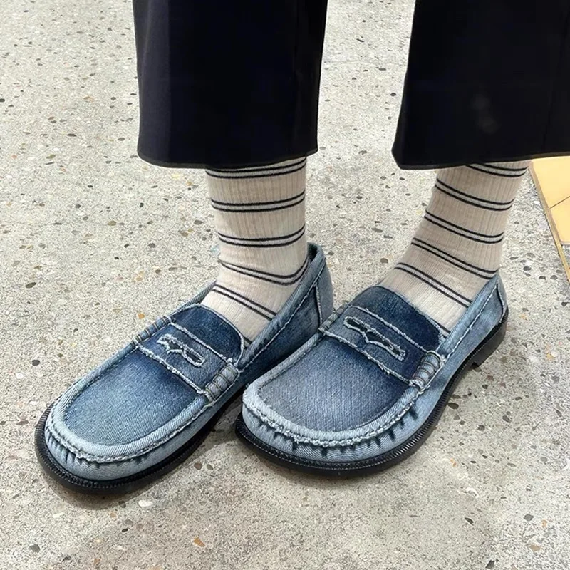 Нишевые джинсовые синие лоферы с большим носком для женщин туфли из натуральной