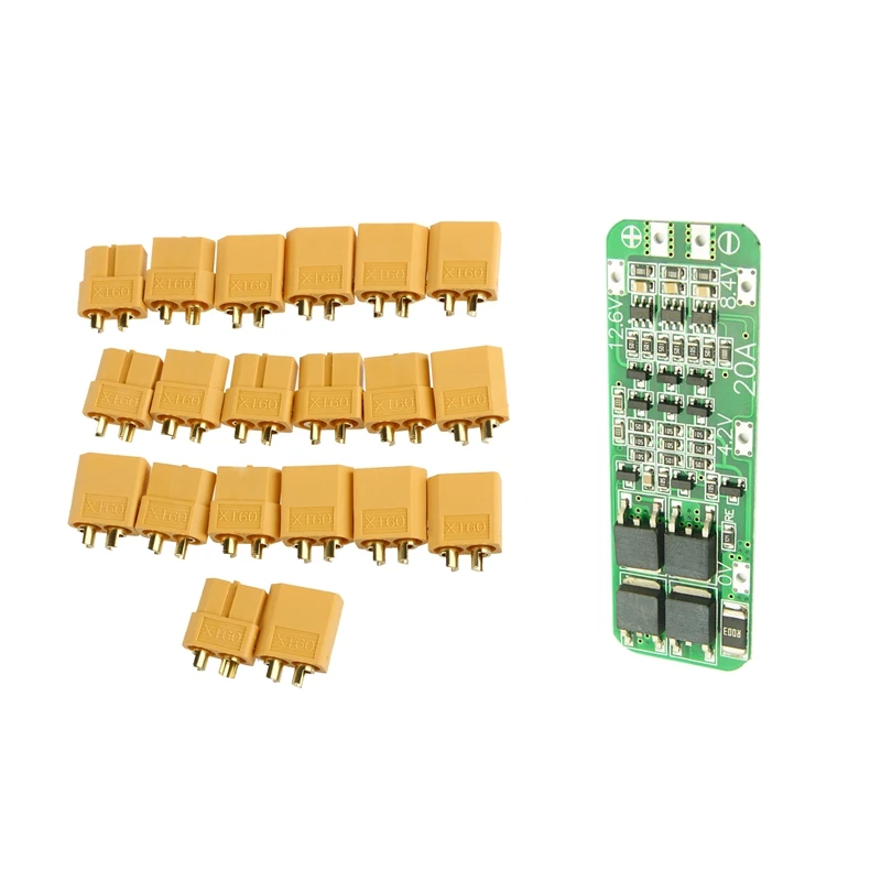 

21 Pcs Accessories: 10 Pairs XT60 Female / Male Bullet Connectors & 1Pcs 20A Li-Ion Battery Charger PCB Protection Board