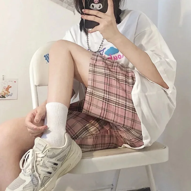 

summer women's clothes Harajuku pink plaid shorts loose wide-leg pants casual fashion Sweatpants dropshipping size punk Female