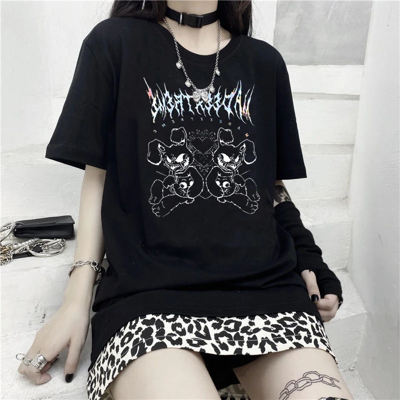 

Summer Clothing Women Loose Oversized T-shirt Devil Bear Print Dark High Street Tops Ladies T-shirt Harajuku Women's Clothes