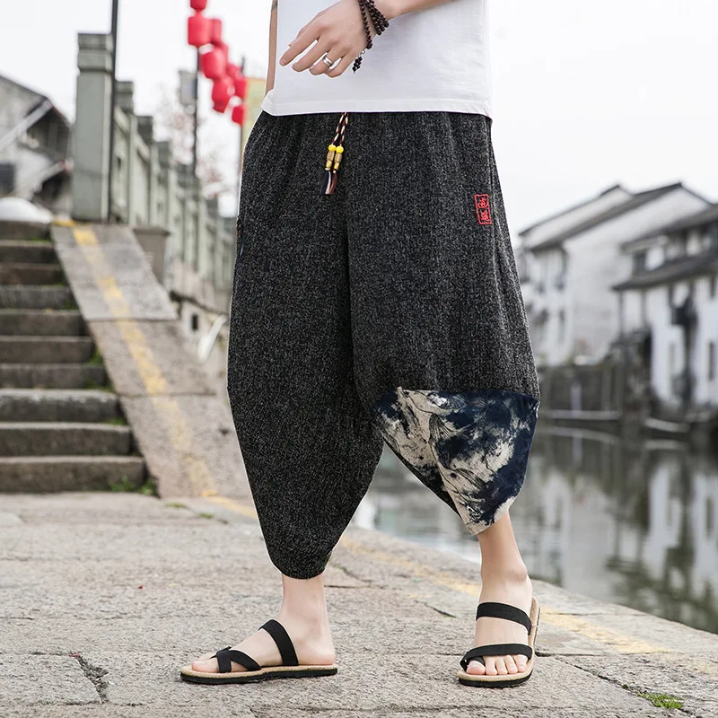 

Men Chinese Style Casual Loose Trousers Embroidered Linen Beach Wide Leg Harem Pants Bloomers Kung Fu Tai Chi Hanfu Bottoms