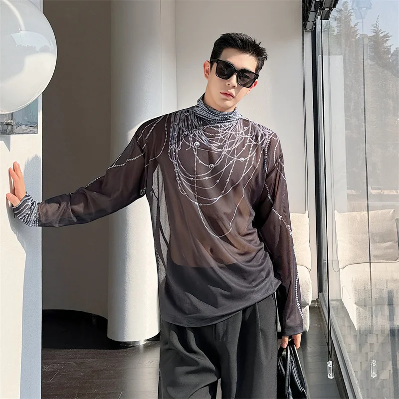 Мужская футболка с воротником-стойкой подходящая ко всему черная длинным