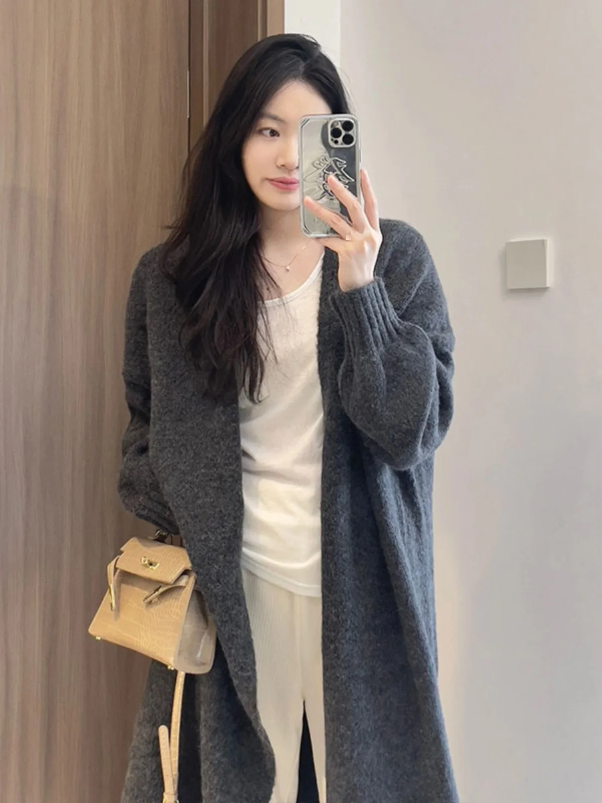 Серая корейская серия Idle Sle Мягкий клейкий свитер средней длины Верхняя одежда