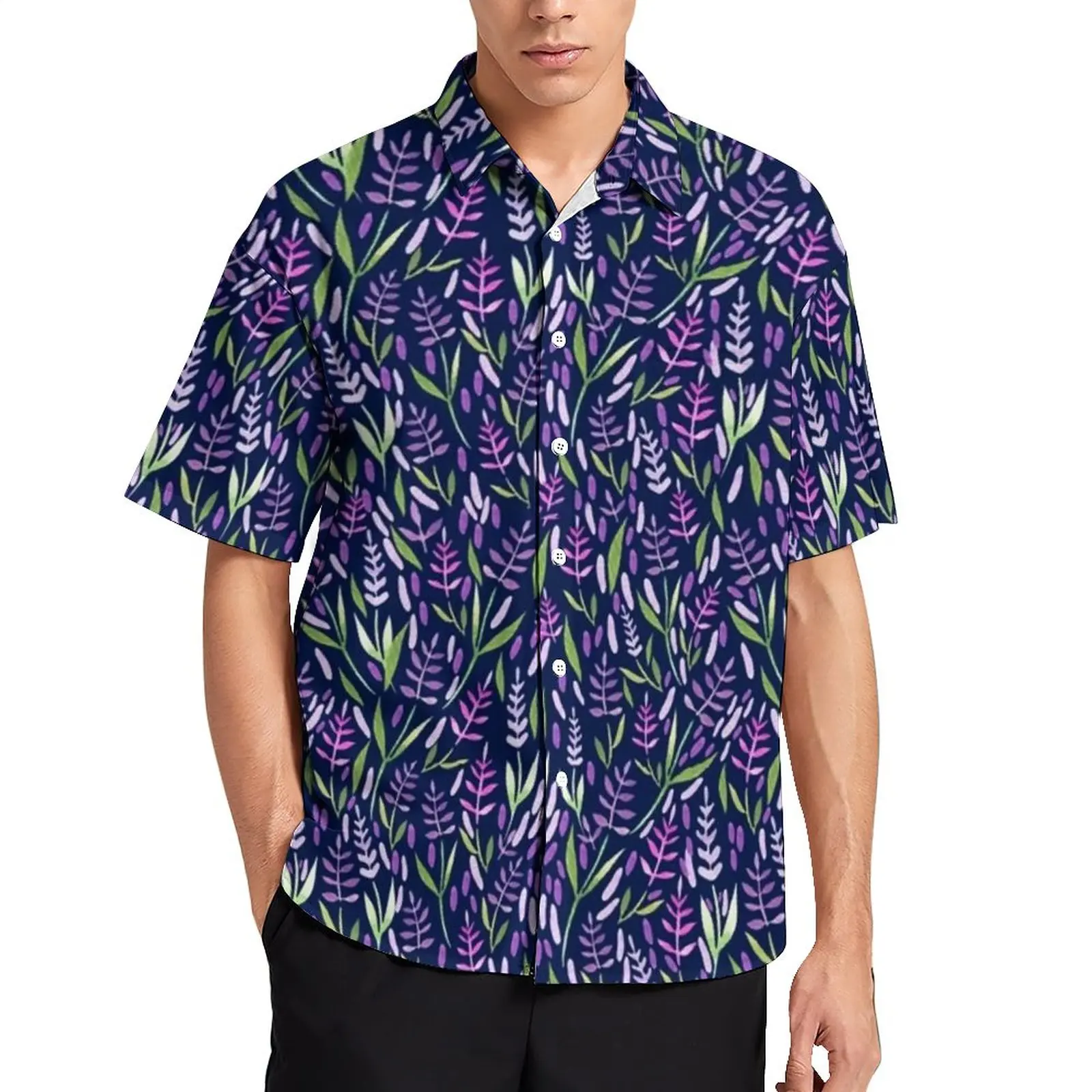 

Lavender Loose Shirt Men Vacation Watercolor Floral Print Pattern Casual Shirts Hawaii Design Short-Sleeve Y2K Oversized Blouses