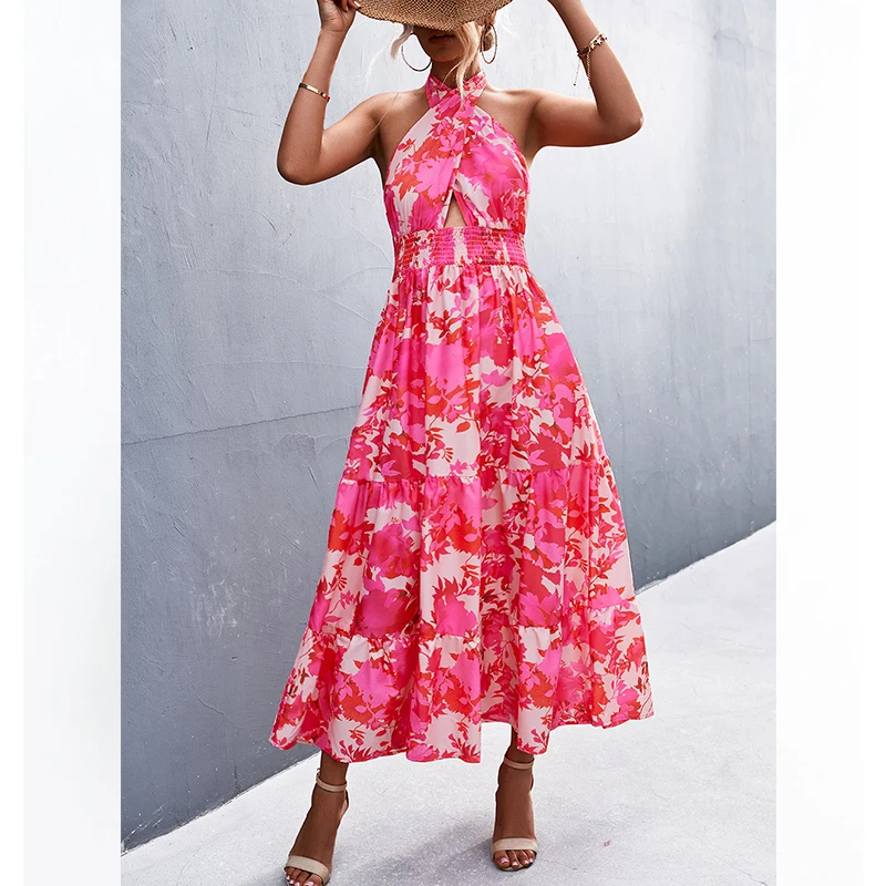 

Summer Elegant Sexy beach long Dress Women Print Flowers strap Ladies Halter boho dress women vestidos 2022 Sundress Bohemian
