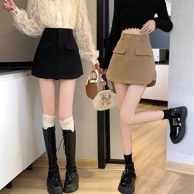 Girls A-line Skirt 2022 Autumn Winter Women Solid High Street Casual Retro Sexy Tooling Skirt Youth Preppy Style A-line Skirt