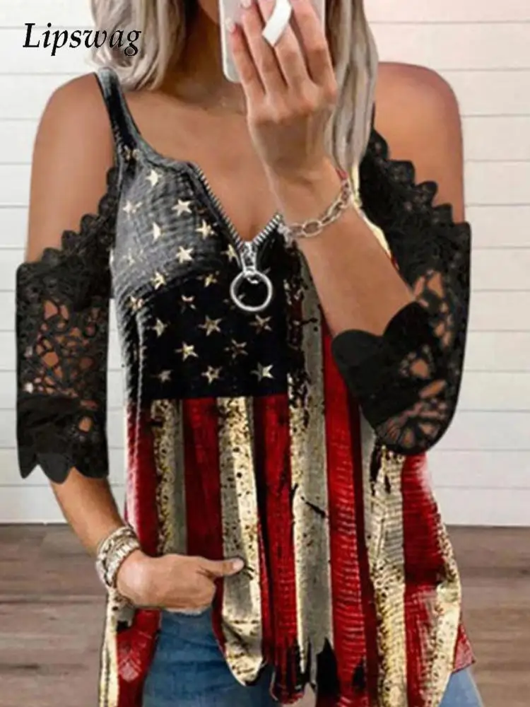 

Elegant Women Off Shoulder Blouse Shirts Spring Summer Casual V-Neck Zip-up Blouses Female Vintage Pattern Printed Tops Pullover