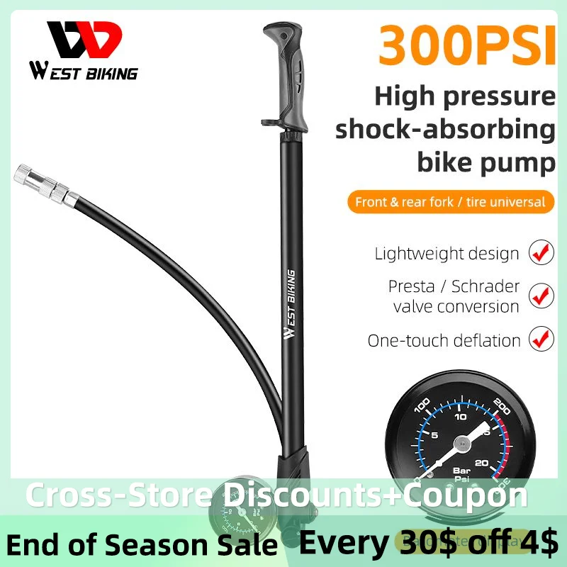 WEST BIKING 300PSI High Pressure Bicycle Air Pump With Gauge Hose Portable Road Bike Tire Fork Shock Inflator MTB Accessories