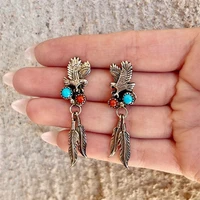 retro style textured eagle inlaid red and blue stone pendant temperament female metal feather earring gift jewelry dropshipping