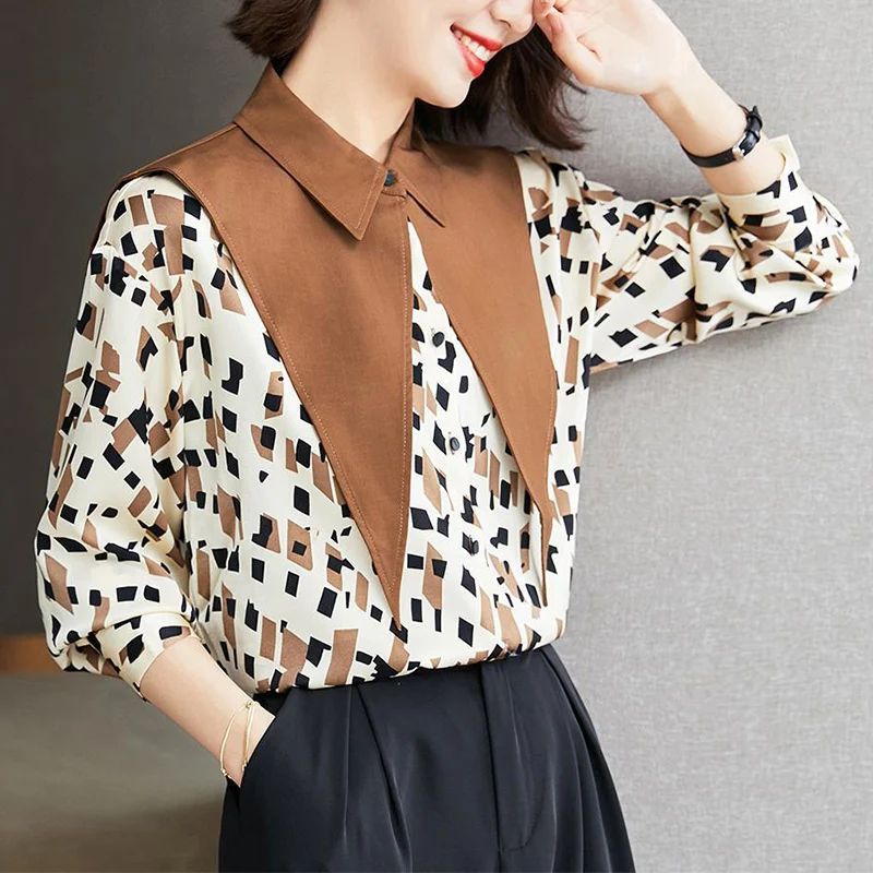 

Spring Fashion Patchwork Chiffon Turn-down Collar Long Sleeve Blouse Women Clothes Elegant Buttons Shirts Ladies All-match Tops