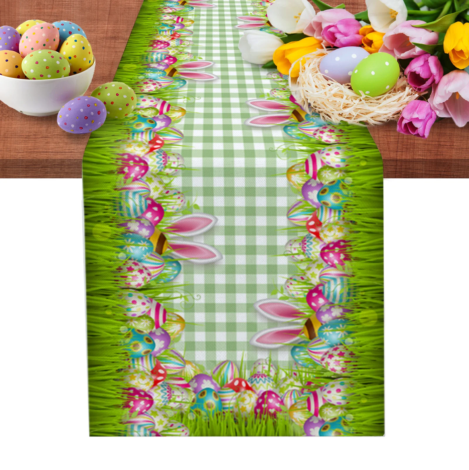 

Easter Egg Bunny Ears Green Plaid Rabbit Table Runner Wedding Party Table Decorations for Home Gift Favor Placemat Tablecloth