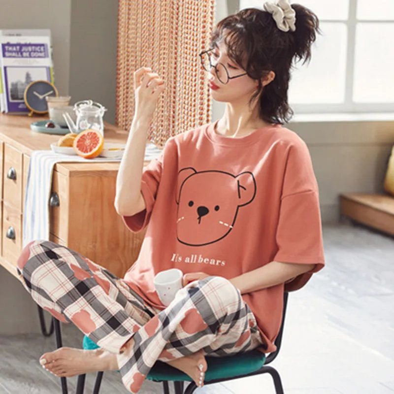 New Pajamas Summer Student Suit Short-sleeved Pants Plaid Pants Casual Comfortable Loose Large Size Korean Cartoon Home Wear