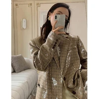 evlooks autumn plaid sequin temperament mid length suit fashion 2022 casual womens blazer free shipping chain jacket coat hot
