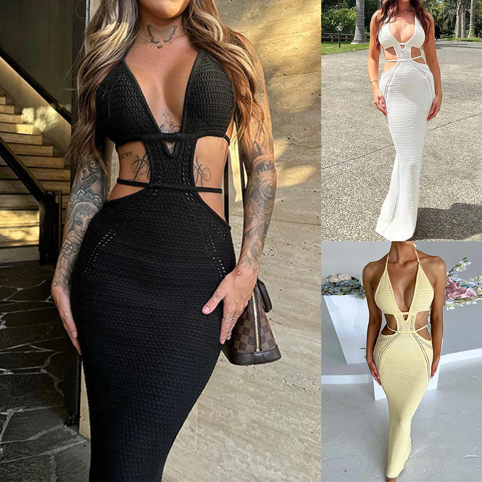 

2023 Summer Spaghetti Strap Halter Sexy Backless Maxi Dress Elegant Bandage Sleeveless Club Party Dresses Bodycon Cocktail Dress