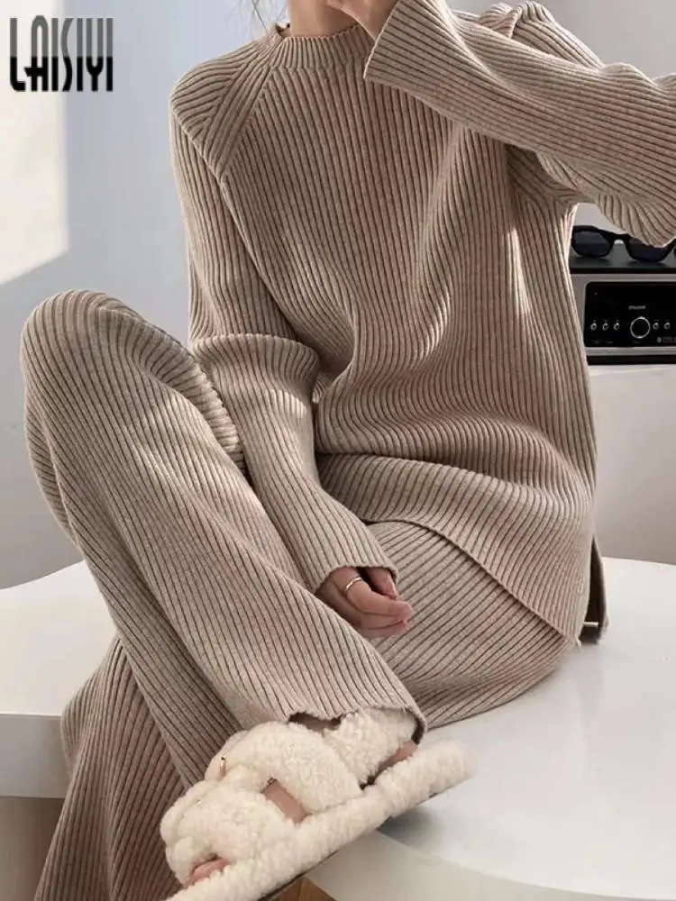 

Female Warm Sweater Suits Casual Trousers Outfits Women Half Turtleneck Pleated Pullover and Wide Leg Pants Winter Knitted Sets