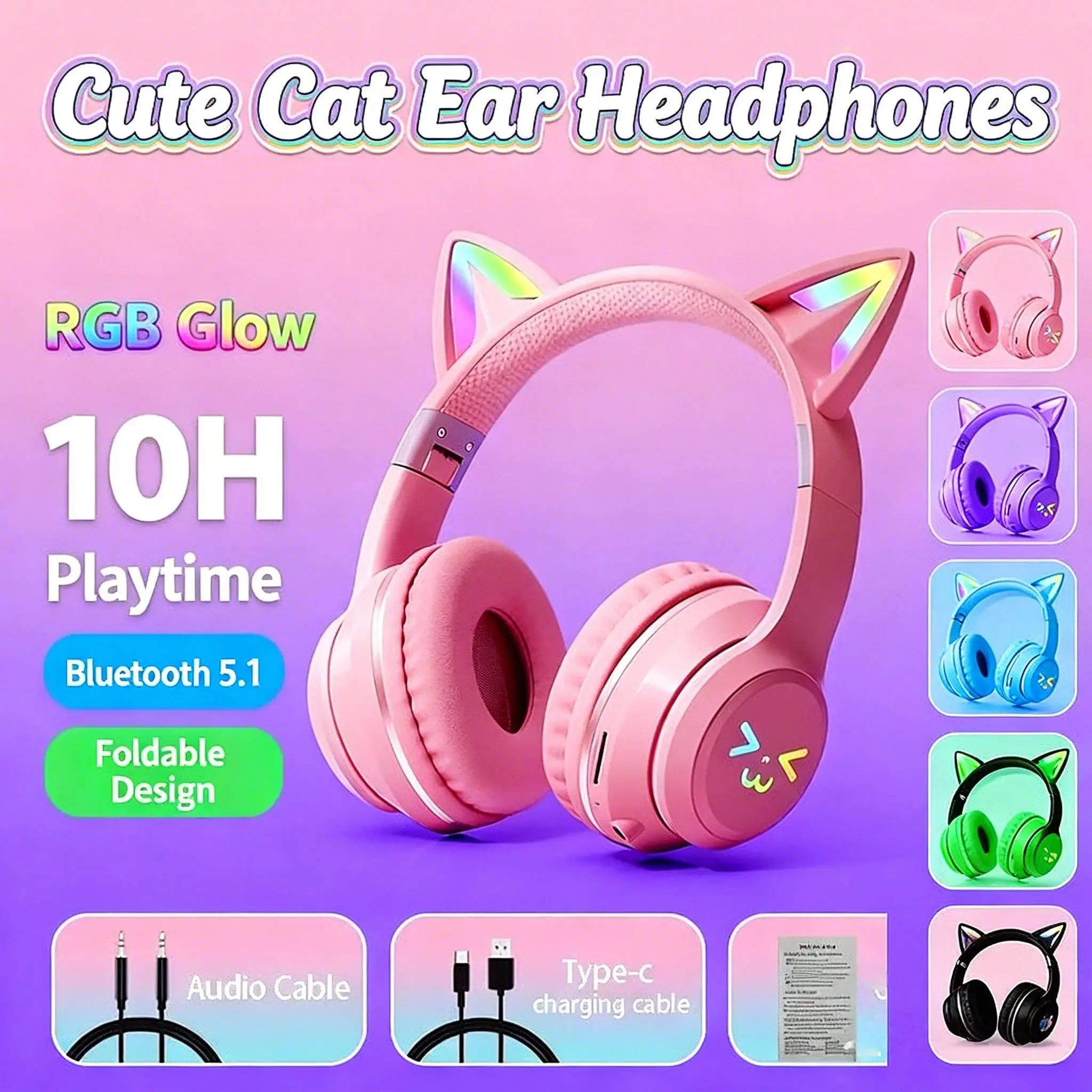 Фото Новые беспроводные игровые наушники 2026 года с RGB-подсветкой в виде кошачьих ушей, Bluetooth 5.3, с микрофоном и MP3-плеером для спорта и игр, для девушек, хит продаж №4