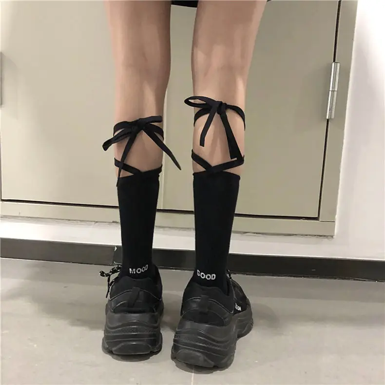 Lolita Reflective Stockings Bandage Lolita Socks Long Knee Socks Korea Style Women White Cotton Socks Cosplay JK Socks Cute