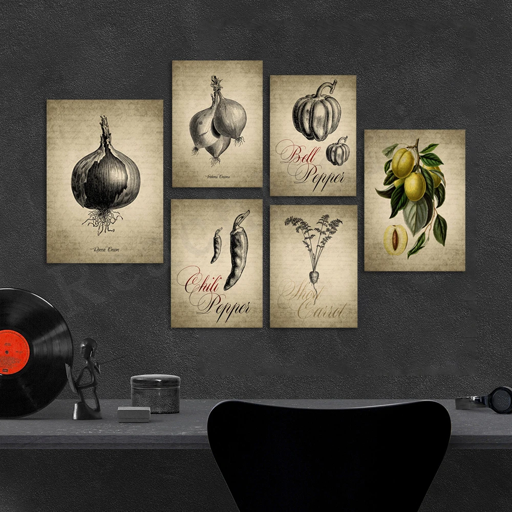 

kitchen prints, vintage carrot, onion, pepper chili art, plum plant wall print, vintage kitchen wall decor poster