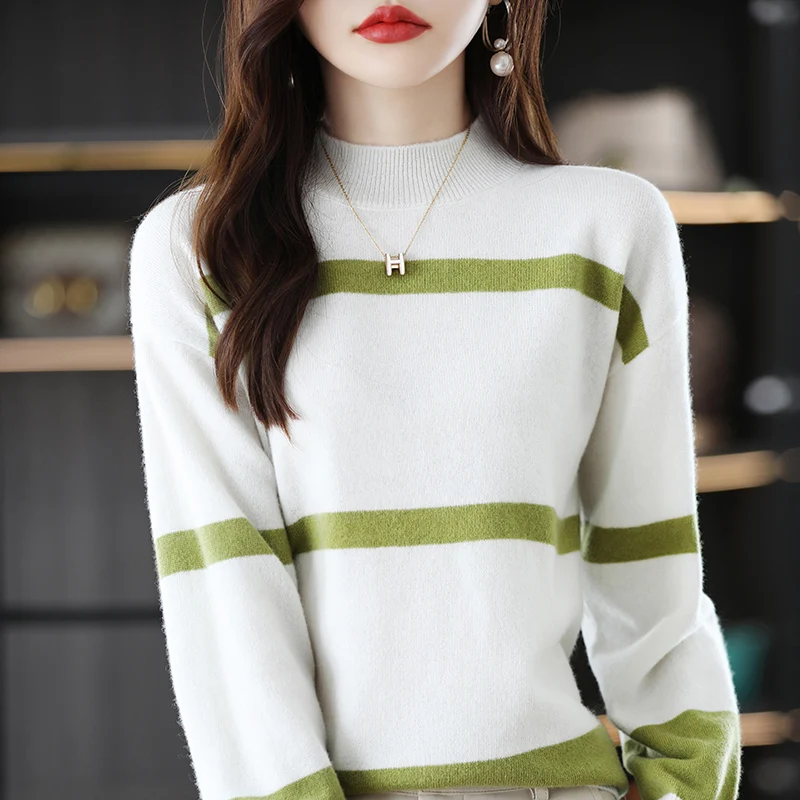Autumn And Winter New 100% Pure Wool Ladies Mid-High Collar Stitching Pullover Sweater Casual Knitted Sweater Fashion Warm Base